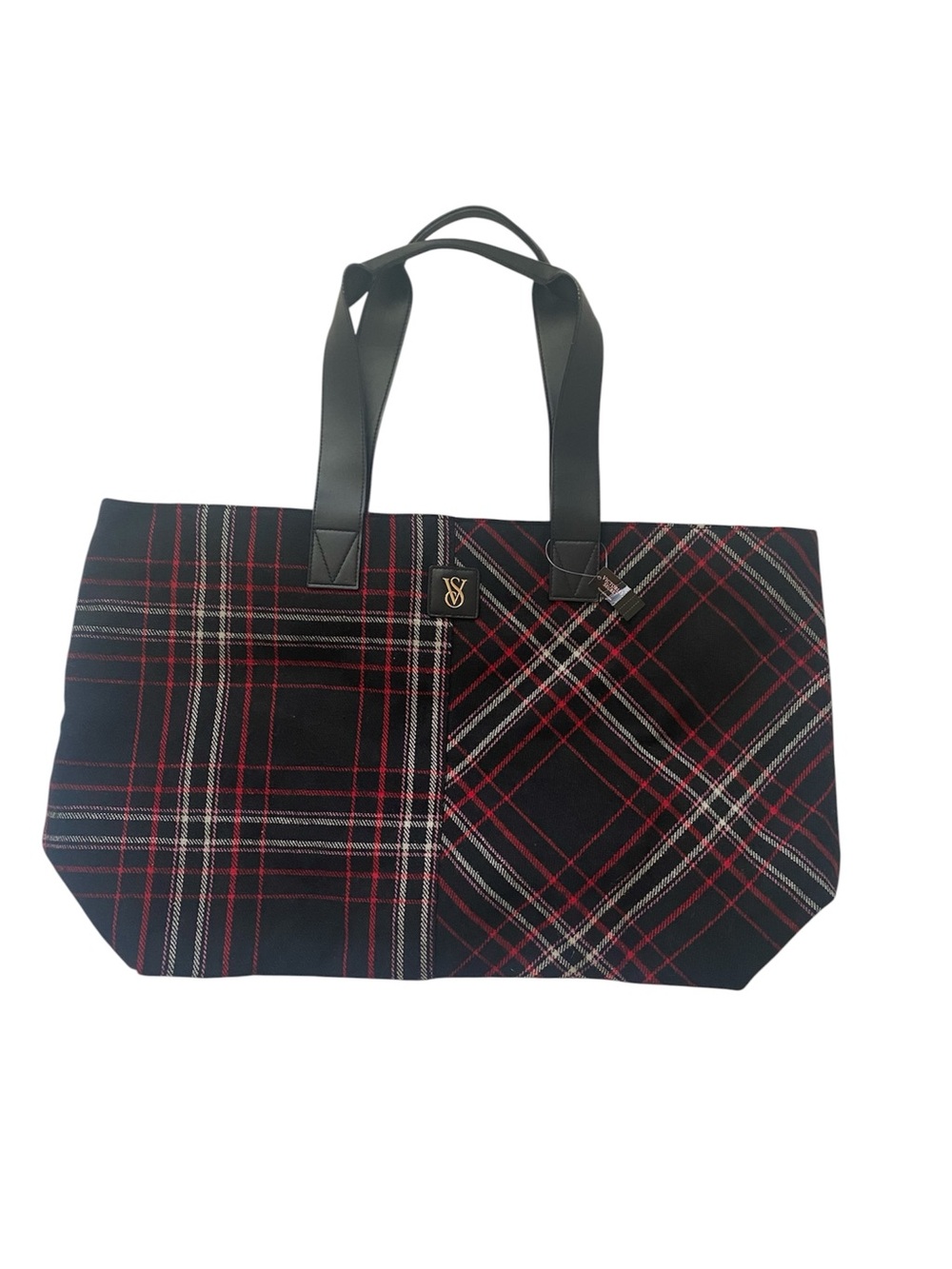 Victoria Secret Plaid Red Black White Tote Bag with Black Handles